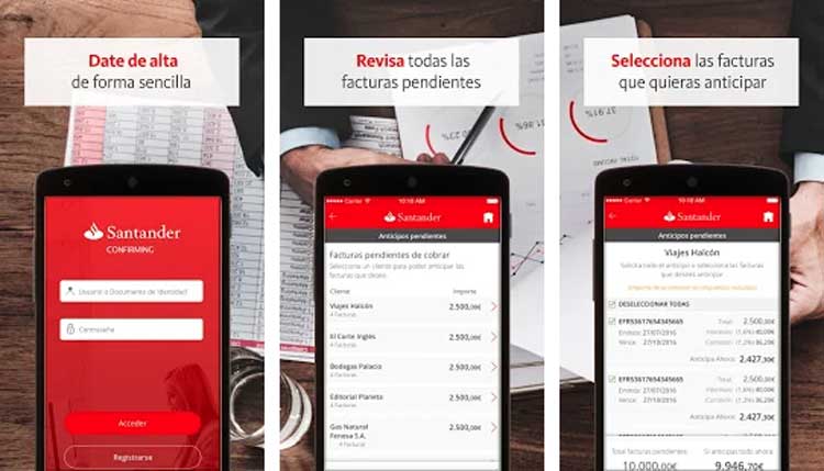 Interfaz gráfica de la app Confirming Santander